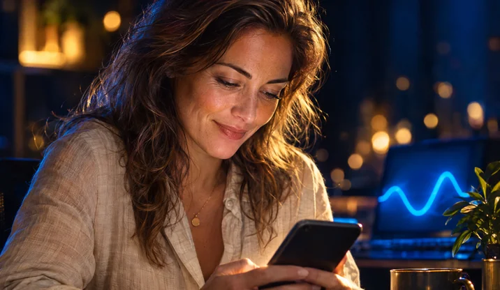 Réalisation : une femme sourit en regardant son téléphone, vidéo « Annonceurs : 6 pièges à éviter avant de diffuser une pub IA »