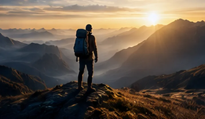 Démo : image d’un film, randonneur au sommet d’une montagne au lever du soleil