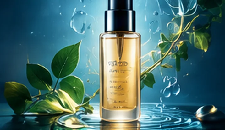 Démo : visuel publicitaire d’un flacon de sérum entouré de feuilles et de gouttes d’eau