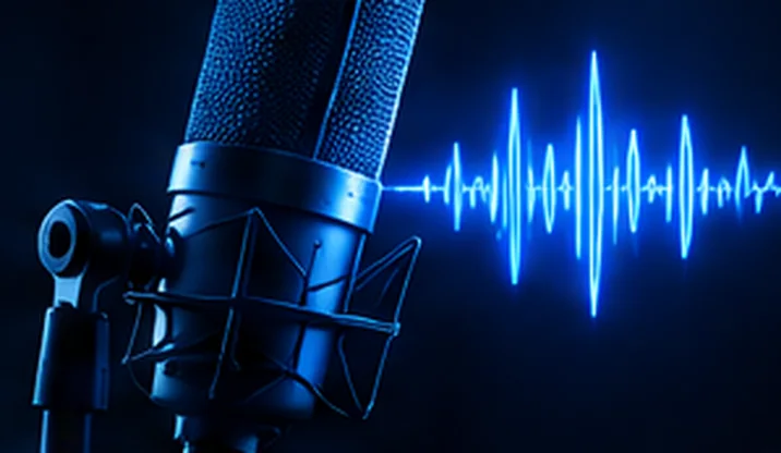 Démo : microphone de studio devant une forme d’onde saphir