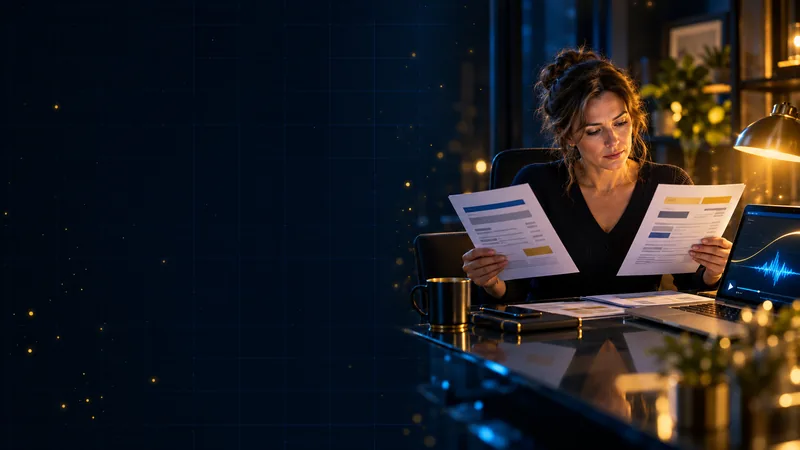 Le soir, à son bureau, une responsable de formation compare deux devis imprimés, un dans chaque main, l’air concentré ; un ordinateur portable ouvert à côté d’elle.