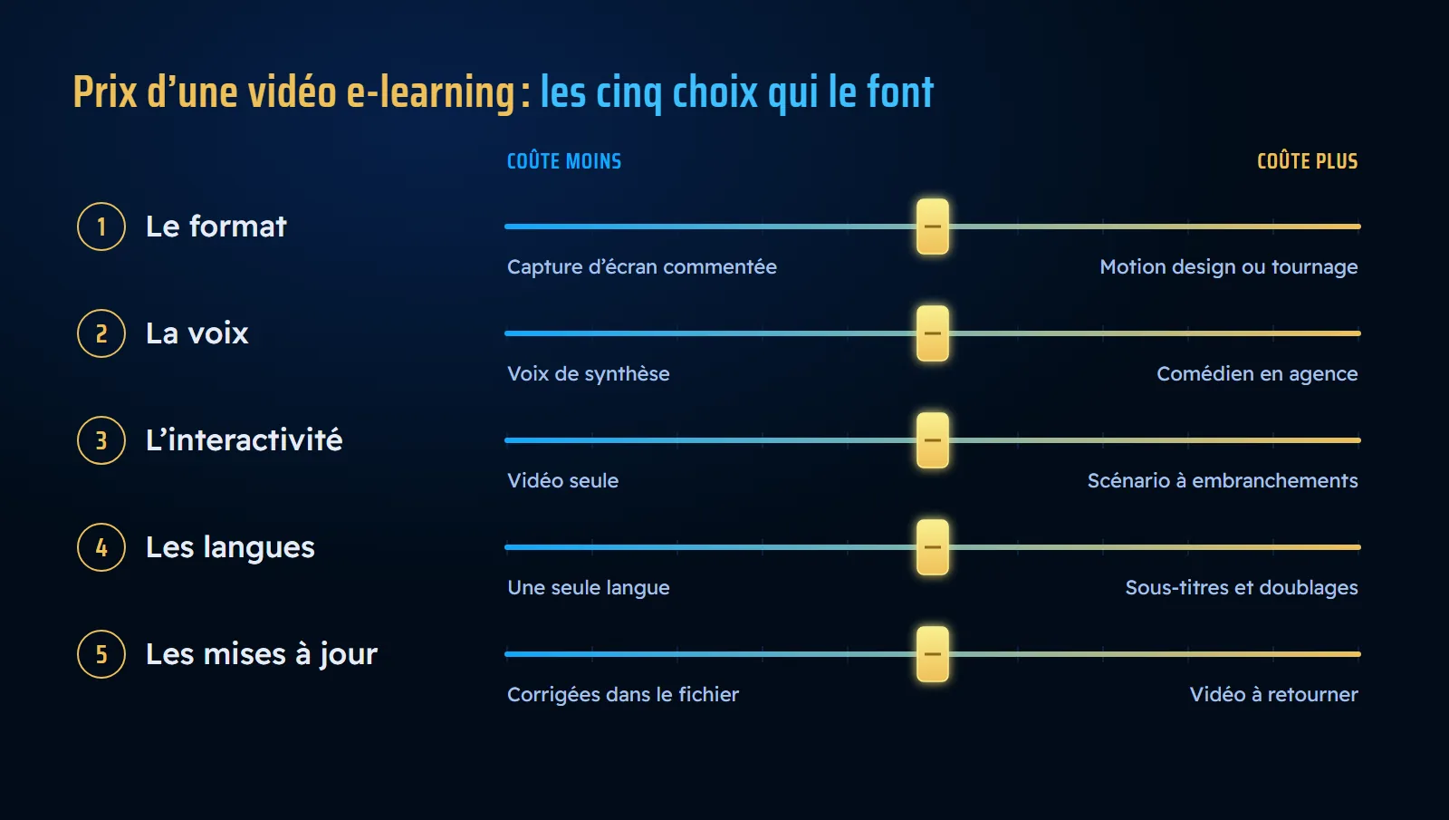 Cinq curseurs de console, de « coûte moins » à « coûte plus » : le format, de la capture d'écran commentée au motion design ou au tournage ; la voix, de la voix de synthèse au comédien en agence ; l'interactivité, de la vidéo seule au scénario à embranchements ; les langues, d'une seule langue aux sous-titres et doublages ; les mises à jour, des corrections dans le fichier à la vidéo à retourner.