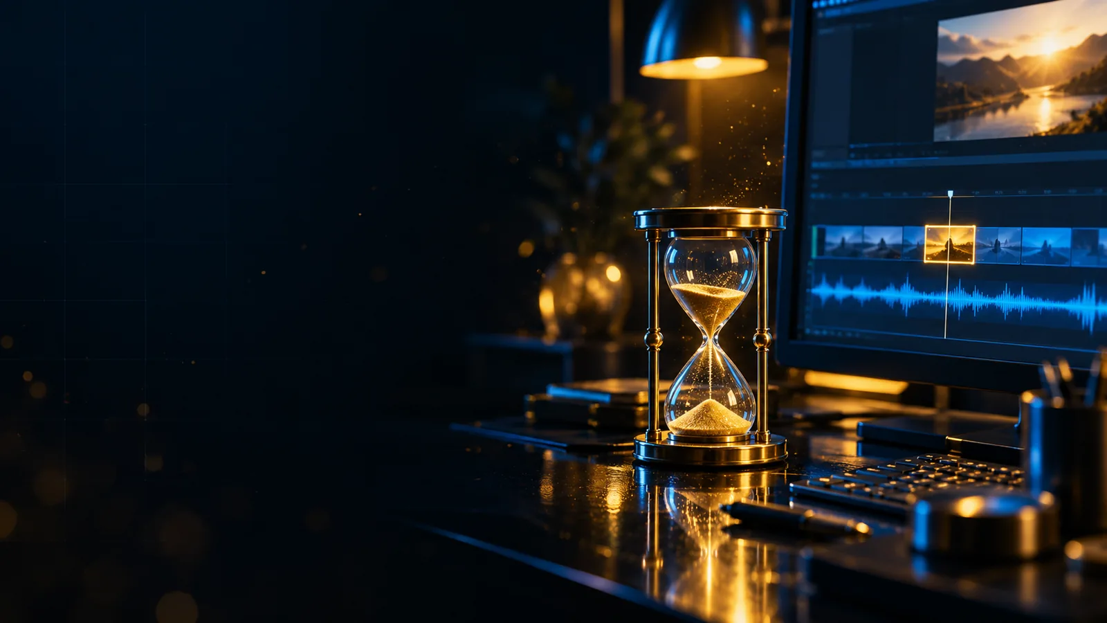 Sur un bureau de verre noir, un sablier de laiton au sable doré, à côté d'un écran de montage où une seule minute de la ligne de temps est éclairée en or.
