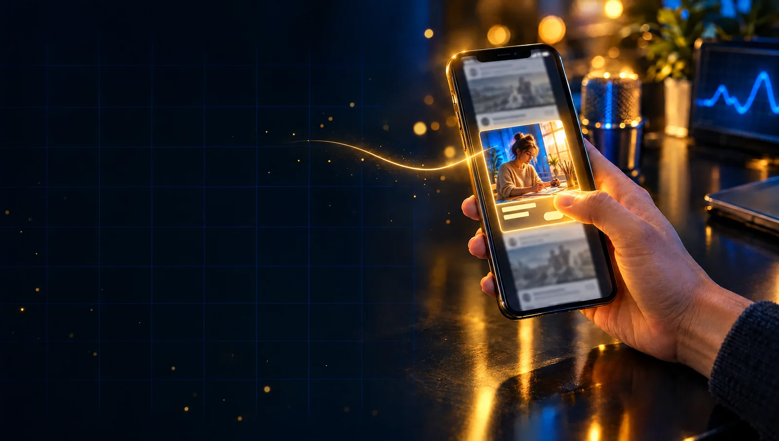 Une main tient un smartphone dans la nuit ; dans le fil qui défile, une seule pub brille d’or et arrête le pouce.