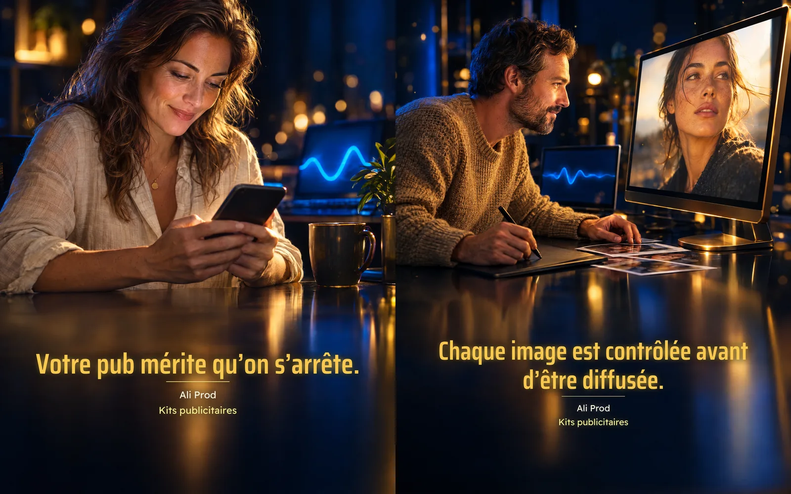 Les deux pubs corrigées d'Ali Prod : une coach sourit à son téléphone, un directeur artistique retouche un portrait, dans un studio de nuit saphir et or.