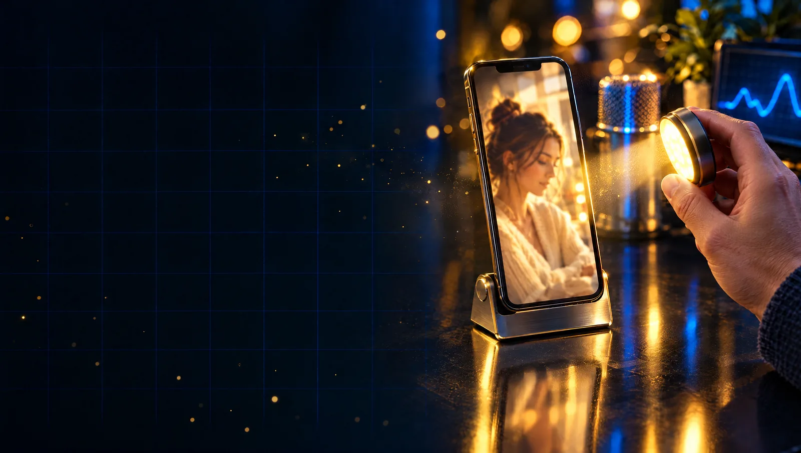 Une main oriente une petite lampe dorée vers un téléphone qui affiche un portrait, sur un bureau de verre noir.