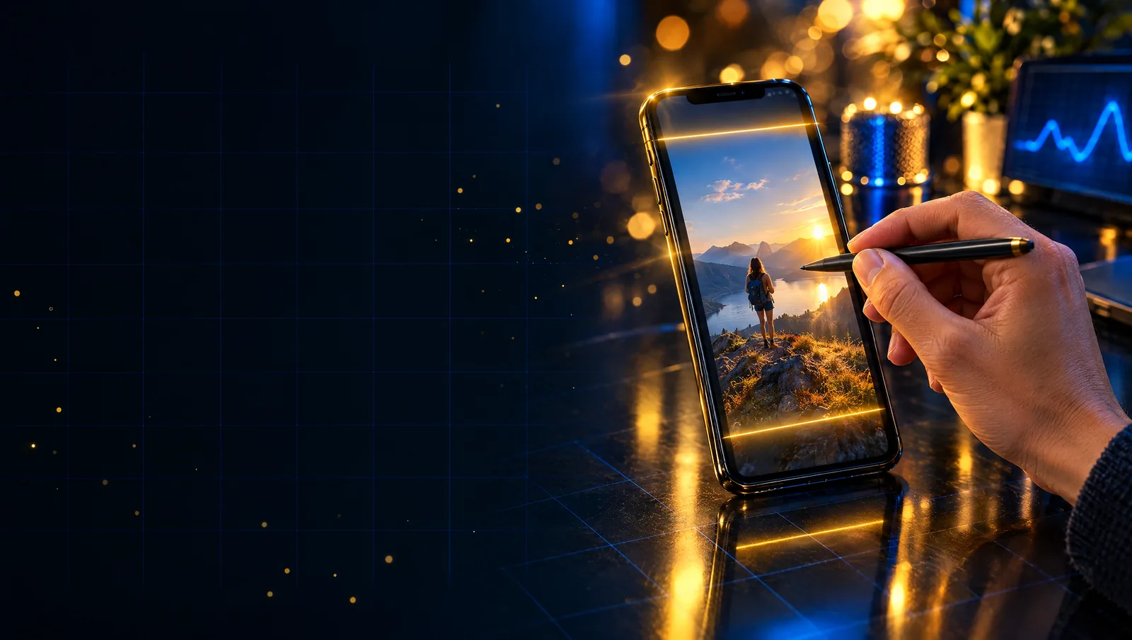 Un stylet vise le centre d'un écran de téléphone dont les bandes haute et basse sont marquées par deux filets d'or.