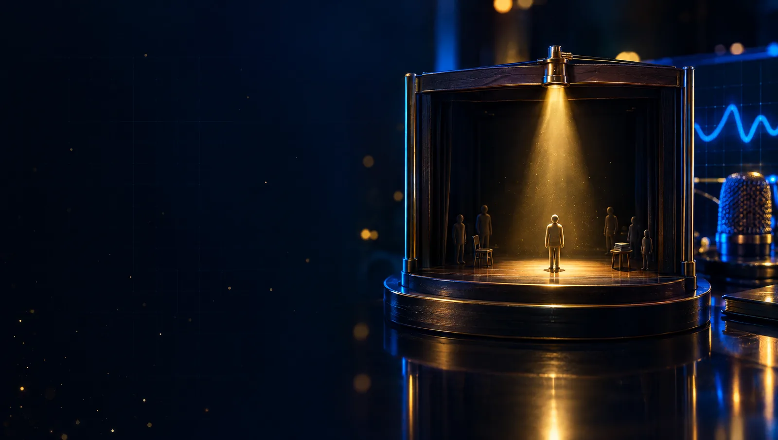Sur un bureau de verre noir, un petit théâtre miniature : un seul projecteur doré éclaire une figurine au centre de la scène, les autres figurines restent dans l'ombre.