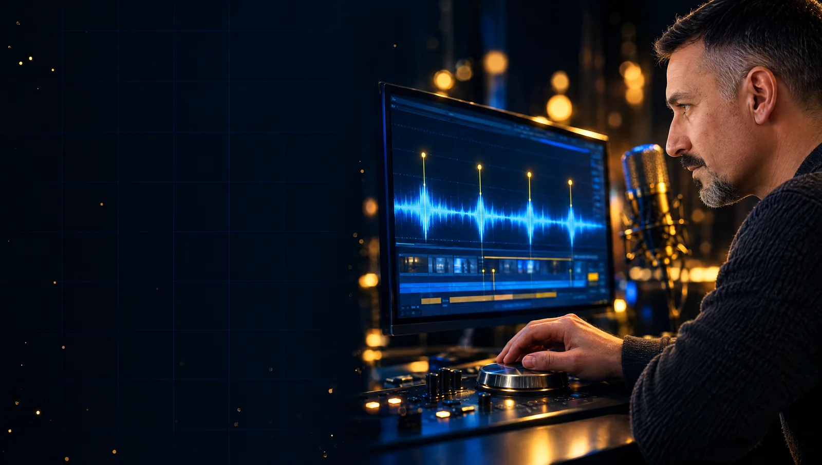 Un homme de profil, la main sur la molette d'une console de montage, observe des repères dorés alignés sur les pics d'une onde bleue.
