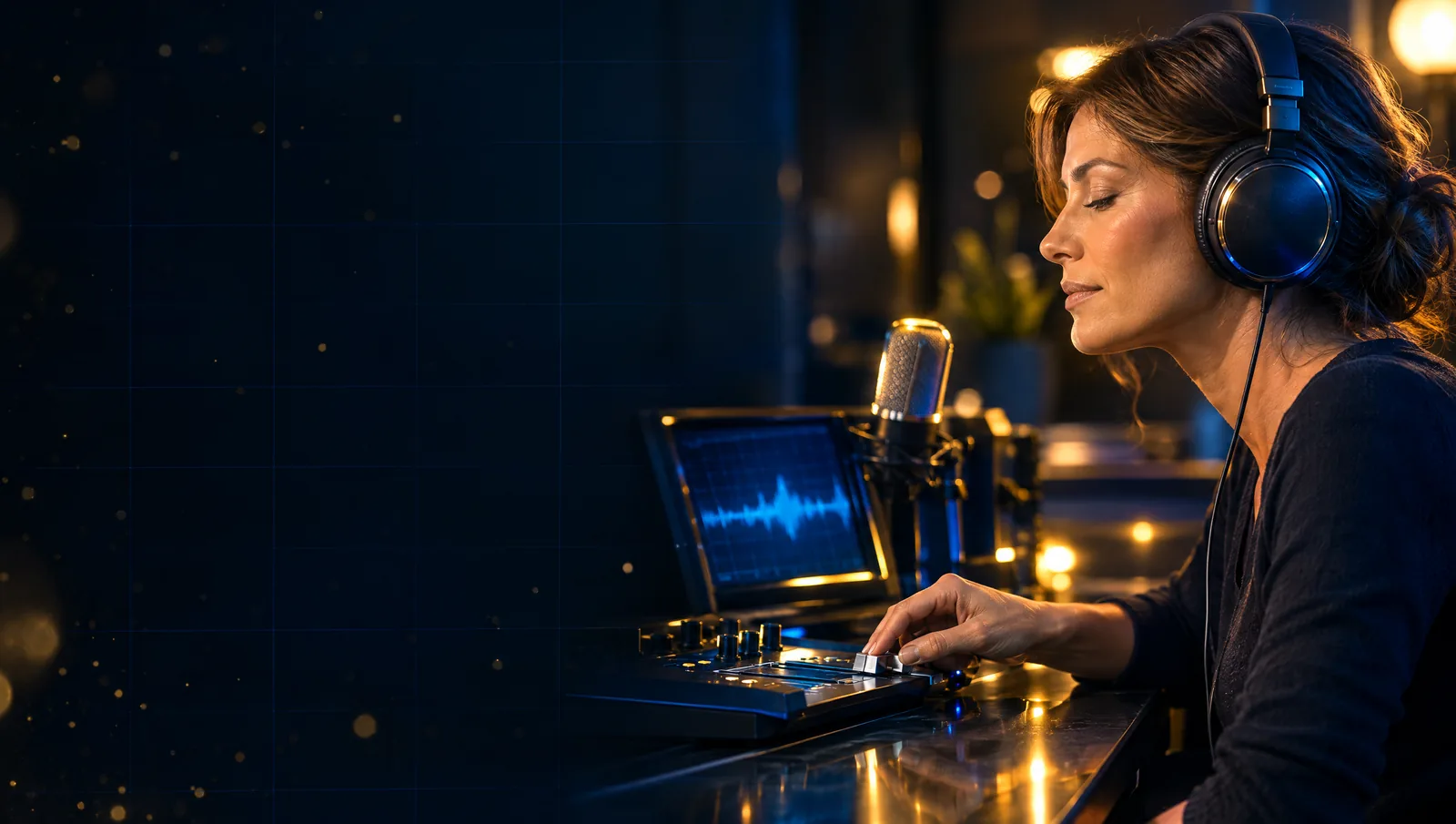 Une femme de profil, casque de studio sur les oreilles et yeux mi-clos, écoute une voix, la main posée sur le curseur d'une console.