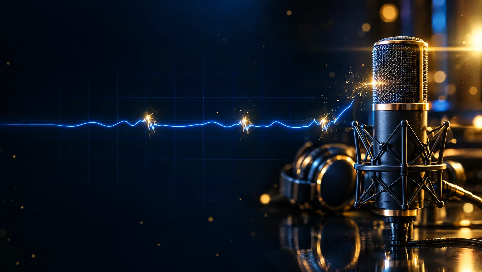 Un micro de studio aux liserés d’or ; l’onde saphir de sa voix trébuche trois fois dans une étincelle d’or.