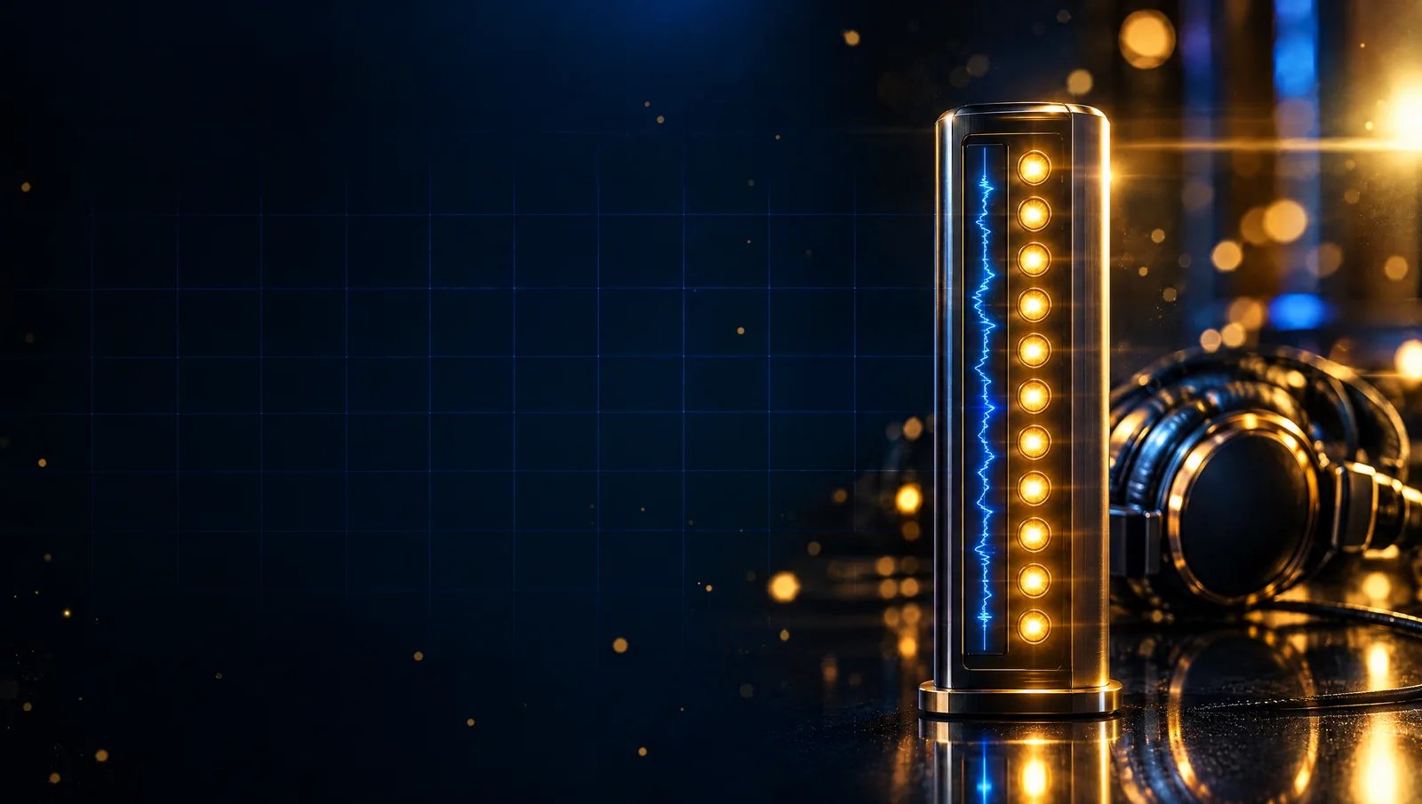 Un panneau de verre et de métal porte une colonne de lampes d’or toutes allumées, à côté d’un casque de studio.