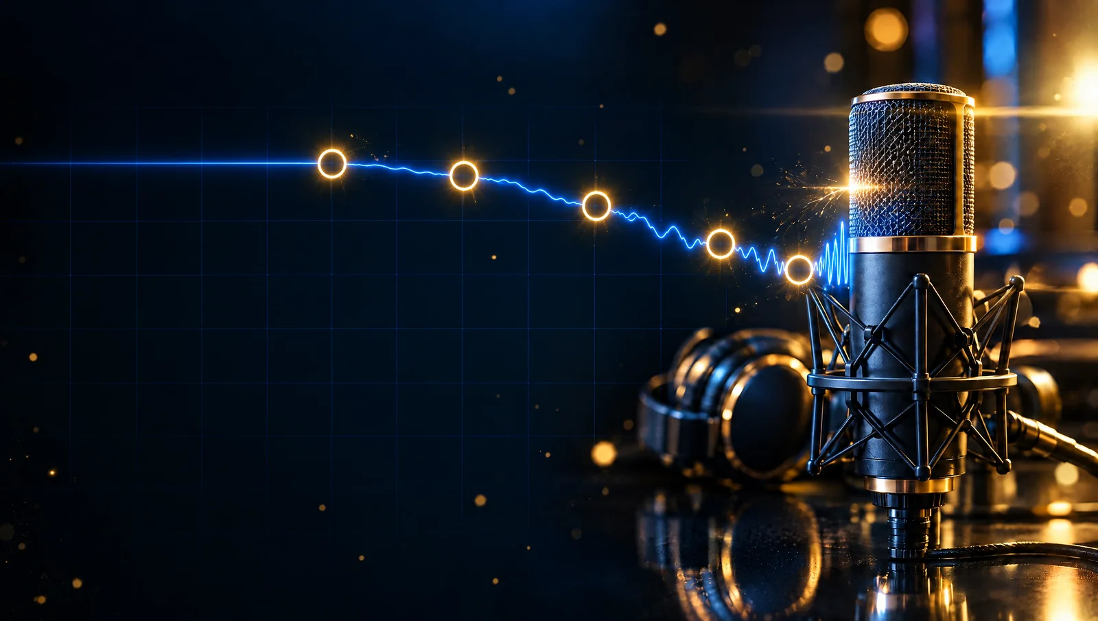 Une trace saphir traverse cinq anneaux d’or et devient une onde vocale en atteignant un micro de studio.