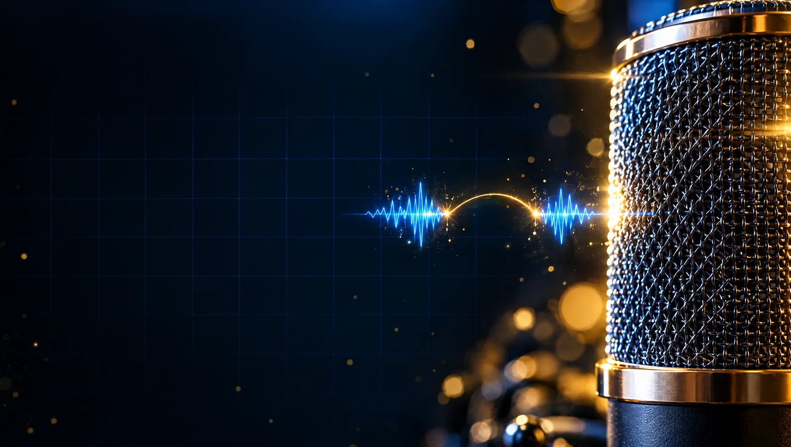 Gros plan sur la grille d’un micro de studio : deux salves d’onde saphir sont reliées par un arc d’or, comme une liaison entre deux mots.