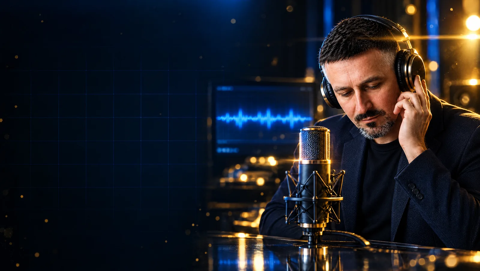 Michaël Gisserot, casque de studio sur les oreilles, écoute une narration les yeux mi-clos, devant un micro et un écran où passe une onde saphir.