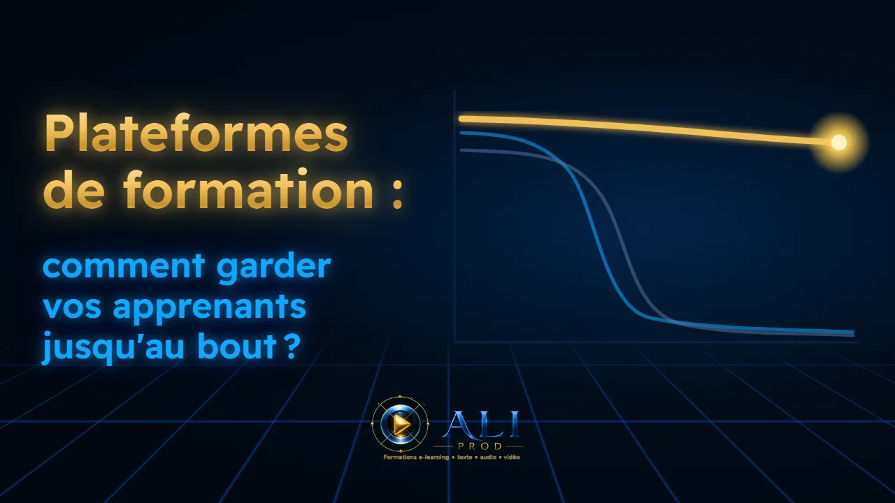 Vignette de la vidéo : « Plateformes de formation : comment garder vos apprenants jusqu’au bout ? », à côté d’une courbe d’or qui tient jusqu’au bout pendant que deux courbes bleues chutent