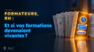 Vignette de la vidéo : « Formateurs, RH : et si vos formations devenaient vivantes ? », à côté d’une diapositive dorée qui s’anime au milieu de diapositives grises