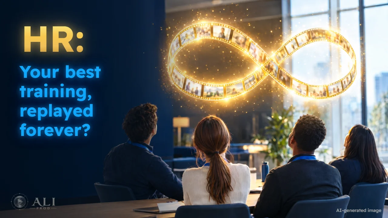 Video thumbnail: “HR: your best training, replayed forever?”, above a training room crossed by a glowing golden loop