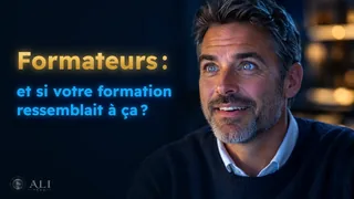 Vignette de la vidéo : « Formateurs : et si votre formation ressemblait à ça ? », à côté d’un formateur émerveillé, les yeux brillants
