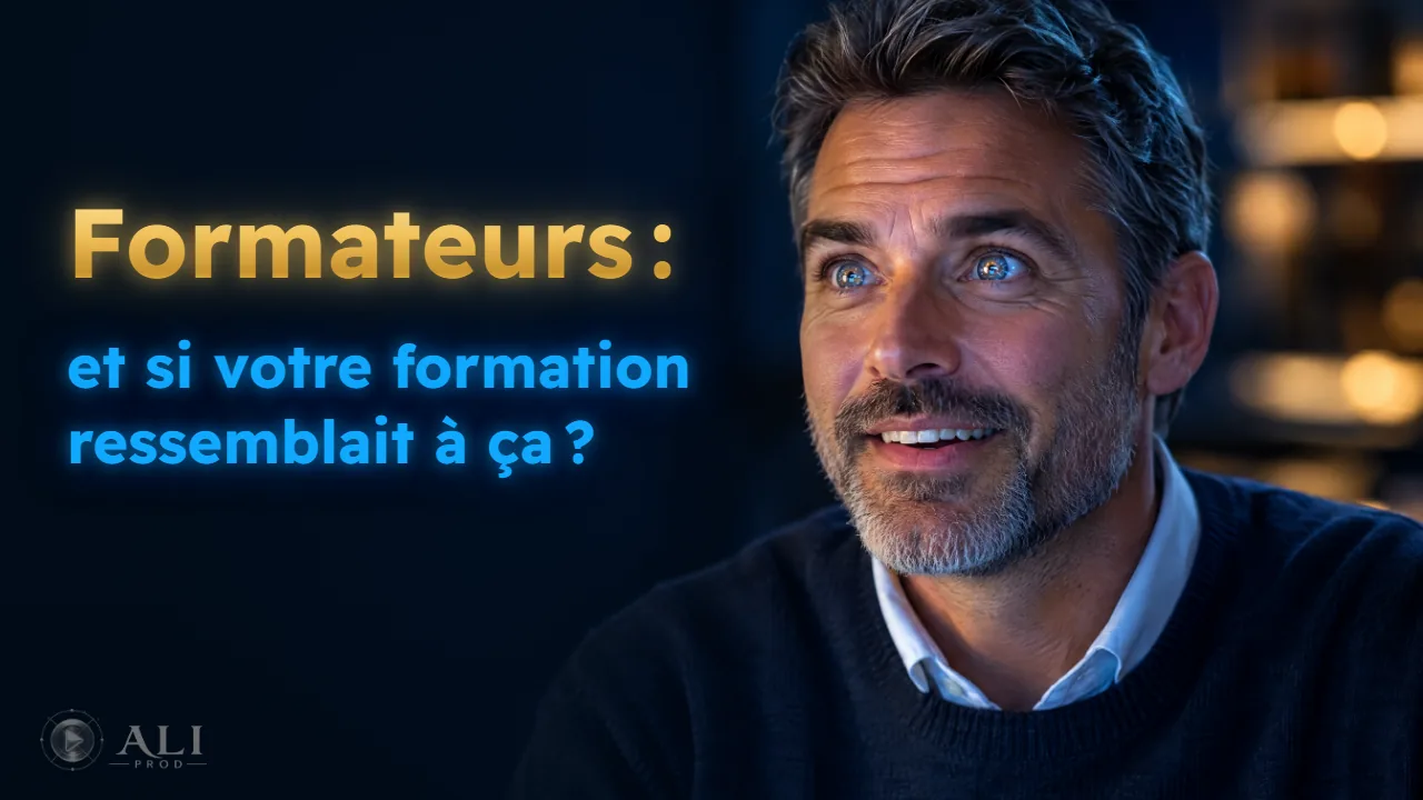 Vignette de la vidéo : « Formateurs : et si votre formation ressemblait à ça ? », à côté d’un formateur émerveillé, les yeux brillants