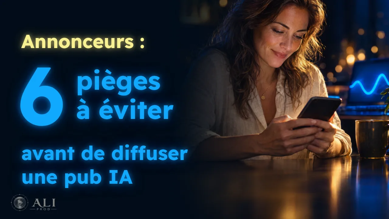 Vignette de la vidéo : « Annonceurs : 6 pièges à éviter avant de diffuser une pub IA », à côté d’une femme qui sourit en regardant son téléphone