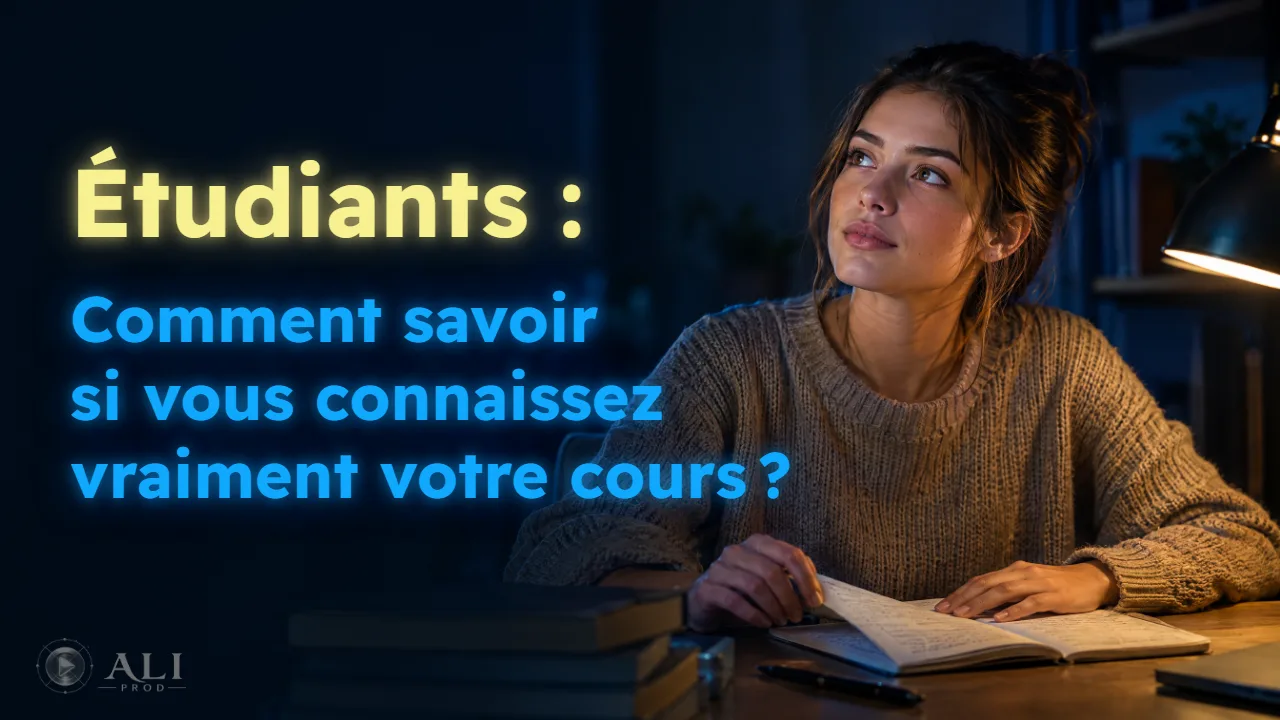 Vignette de la vidéo : « Étudiants : comment savoir si vous connaissez vraiment votre cours ? », à côté d’une étudiante qui lève les yeux de son cahier
