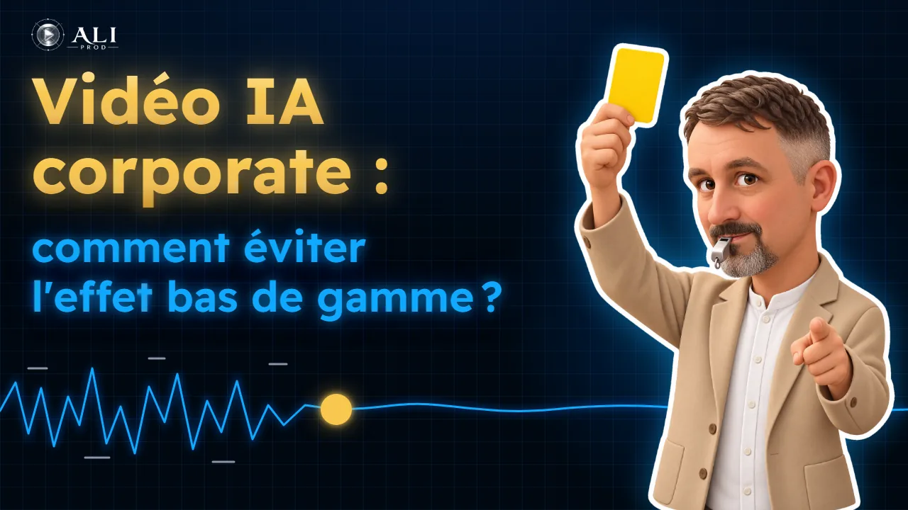 Vignette de la vidéo : « Vidéo IA corporate : comment éviter l’effet bas de gamme ? », à côté de Michaël en arbitre, sifflet aux lèvres et carton jaune levé, au-dessus d’un signal qui passe du désordre au calme