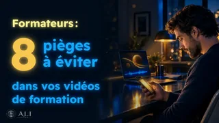 Vignette de la vidéo : « Formateurs : 8 pièges à éviter dans vos vidéos de formation », à côté d’un homme qui regarde son téléphone devant une vidéo de formation
